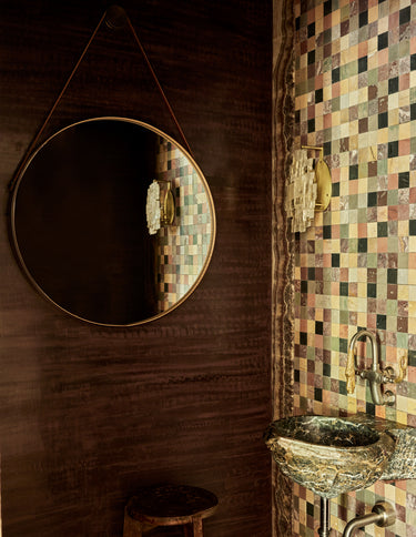 Robert True Ogden RTO Lighting - Monroe Icelandic Spar Wall Sconce - Hardwired - Brushed Satin Brass Backplate and Armature in a Bathroom