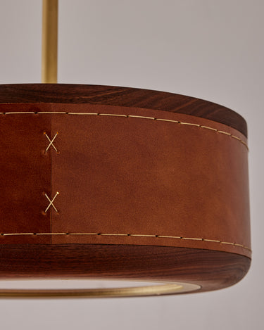 Robert True Ogden RTO Lighting 12" Nura Ceiling Fixture Pendant - Cognac Leather - Close Up of Stitching#leather_cognac-leather
