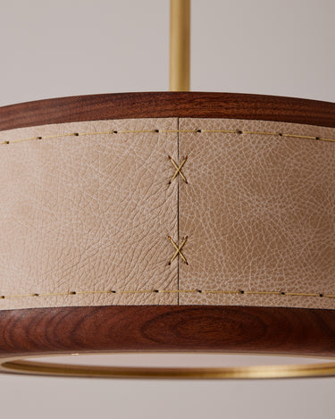 Robert True Ogden RTO Lighting 12" Nura Ceiling Fixture Pendant - Au Lait - Close Up of Leather Stitching#leather_au-lait-leather