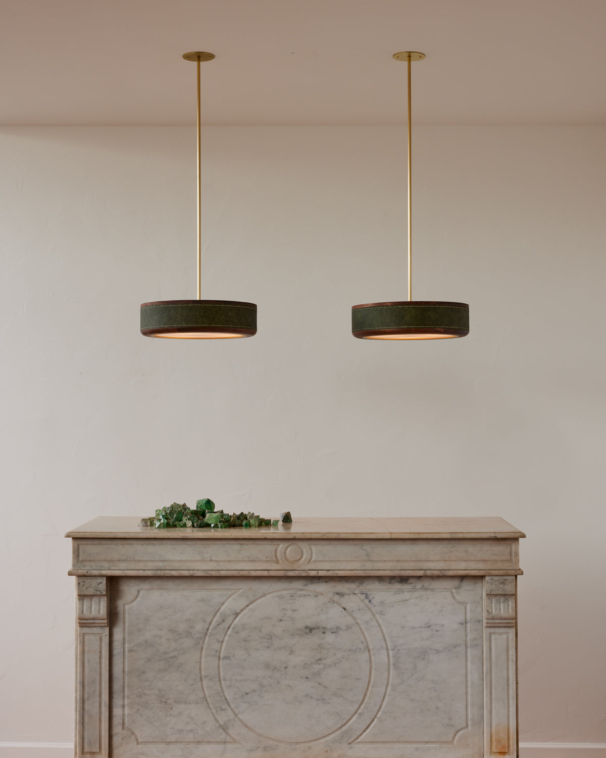 Robert True Ogden RTO Lighting 16" Nura Ceiling Fixture Pendant - Juniper Leather - Styled Shot Featuring Two Pendant Over a Marble Counter Top Bar#leather_juniper