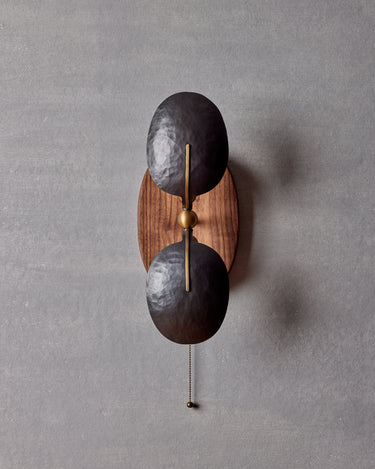 Robert True Ogden RTO Lighting - Greta Wall Sconce - Two Hammered Oil Rubbed Bronze Shades -Brushed Satin Brass Armature - Oval Walnut Backplate with Pull Chain#switch_hardwired-with-pull-chain