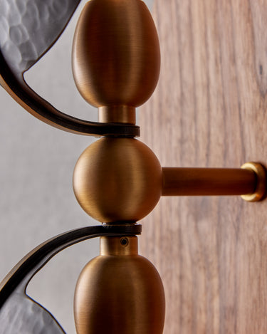 Robert True Ogden RTO Lighting - Greta Wall Sconce - Two Hammered Oil Rubbed Bronze Shades -Brushed Satin Brass Armature - Oval Walnut Backplate with Pull Chain