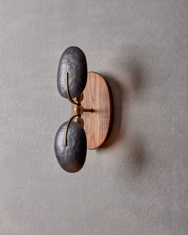 Robert True Ogden RTO Lighting - Greta Wall Sconce - Two Hammered Oil Rubbed Bronze Shades -Brushed Satin Brass Armature - Oval Walnut Backplate#switch_hardwired-with-no-switch