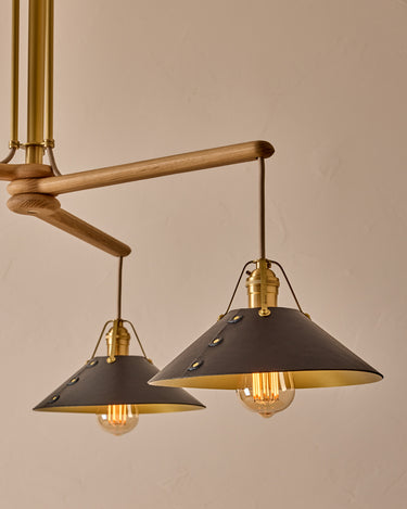 Robert True Ogden RTO Lighting - Three Arm Yaffa Chandelier - Black Leather Shade#leather-shade_black-leather