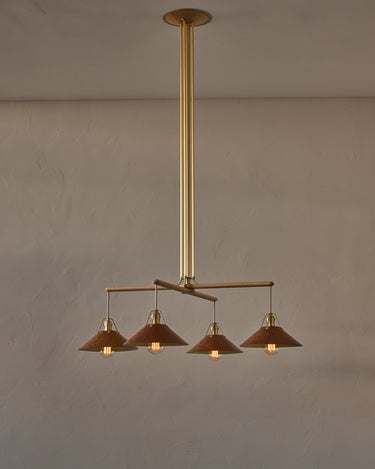Robert True Ogden RTO Lighting - Four Arm Yaffa Chandelier - Cognac Leather Shade#leather-shade_cognac-leather