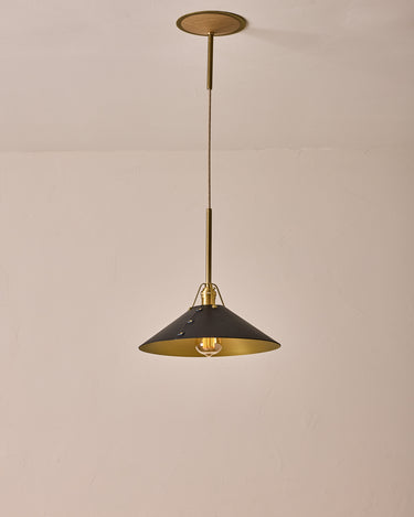Robert True Ogden RTO Lighting - Large Yaffa Pendant -Tumbled Brass Half Poles - Black Leather Shade Natural Oak Canopy#leather-shade_black-leather