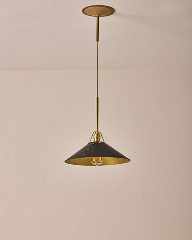 Robert True Ogden RTO Lighting - Large Yaffa Pendant -Tumbled Brass Half Poles - Black Leather Shade Natural Oak Canopy#leather-shade_black-leather
