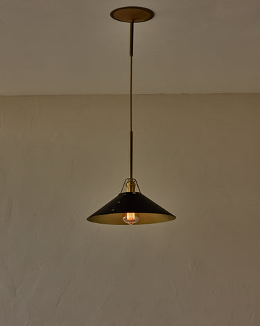Robert True Ogden RTO Lighting - Large Yaffa Pendant -Tumbled Brass Half Poles - Black Leather Shade Natural Oak Canopy#leather-shade_black-leather
