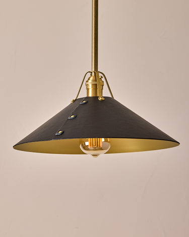 Robert True Ogden RTO Lighting - Large Yaffa Pendant -Tumbled Brass Half Poles - Black Leather Shade Natural Oak Canopy#leather-shade_black-leather