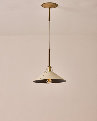 Robert True Ogden RTO Lighting - Large Yaffa Pendant -Tumbled Brass Half Poles - Eggshell Leather Shade Natural Oak Canopy#leather-shade_eggshell-leather