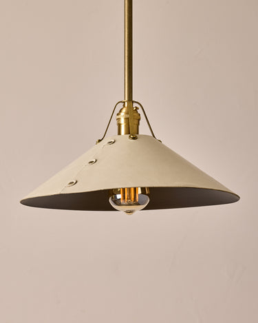 Robert True Ogden RTO Lighting - Large Yaffa Pendant -Tumbled Brass Half Poles - Eggshell Leather Shade Natural Oak Canopy#leather-shade_eggshell-leather