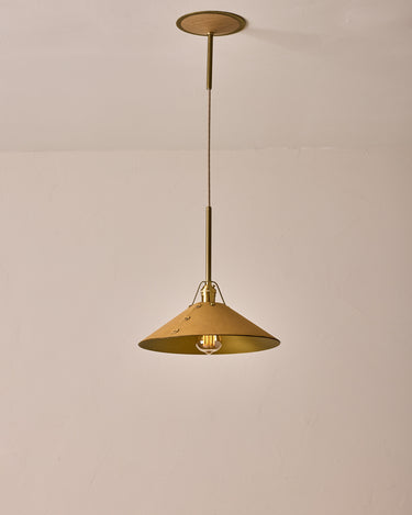 Robert True Ogden RTO Lighting - Large Yaffa Pendant -Tumbled Brass Half Poles - Natural Leather Shade Natural Oak Canopy#leather-shade_natural-leather