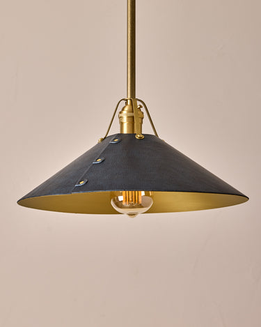 Robert True Ogden RTO Lighting - Large Yaffa Pendant -Tumbled Brass Half Poles - Navy Leather Shade Natural Oak Canopy#leather-shade_navy-leather