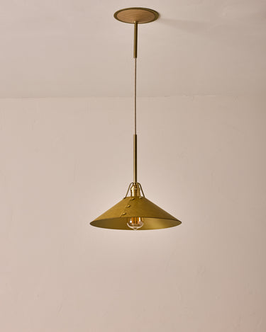 Robert True Ogden RTO Lighting - Large Yaffa Pendant -Tumbled Brass Half Poles - Spruce Leather Shade Natural Oak Canopy#leather-shade_spruce-leather