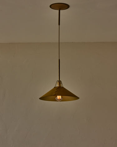 Robert True Ogden RTO Lighting - Large Yaffa Pendant -Tumbled Brass Half Poles - Spruce Leather Shade Natural Oak Canopy#leather-shade_spruce-leather