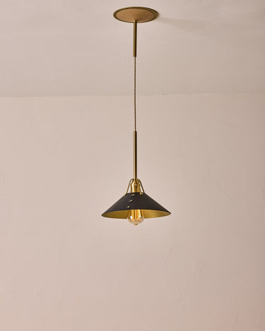 Robert True Ogden RTO Lighting - Medium Yaffa Pendant -Tumbled Brass Half Poles - Black Leather Shade Natural Oak Canopy#leather-shade_black-leather
