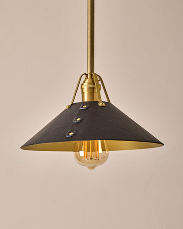 Robert True Ogden RTO Lighting - Medium Yaffa Pendant -Tumbled Brass Half Poles - Black Leather Shade Natural Oak Canopy#leather-shade_black-leather