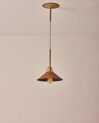 Robert True Ogden RTO Lighting - Medium Yaffa Pendant -Tumbled Brass Half Poles - Cognac Leather Shade Natural Oak Canopy#leather-shade_cognac-leather
