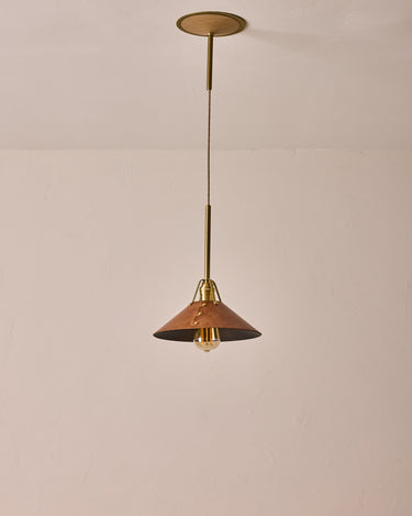 Robert True Ogden RTO Lighting - Medium Yaffa Pendant -Tumbled Brass Half Poles - Cognac Leather Shade Natural Oak Canopy#leather-shade_cognac-leather