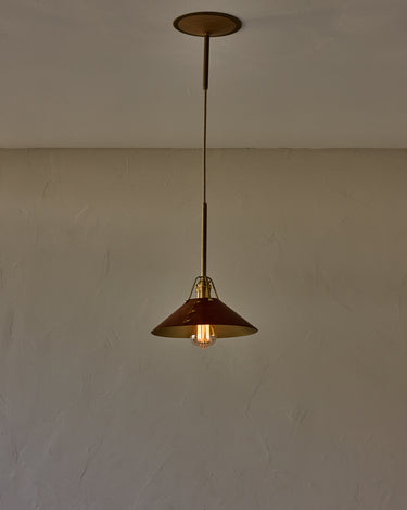 Robert True Ogden RTO Lighting - Medium Yaffa Pendant -Tumbled Brass Half Poles - Cognac Leather Shade Natural Oak Canopy#leather-shade_cognac-leather