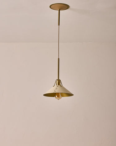 Robert True Ogden RTO Lighting - Medium Yaffa Pendant -Tumbled Brass Half Poles - Eggshell Leather Shade Natural Oak Canopy#leather-shade_eggshell-leather