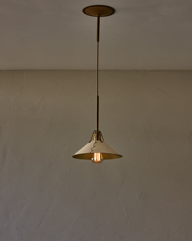 Robert True Ogden RTO Lighting - Medium Yaffa Pendant -Tumbled Brass Half Poles - Eggshell Leather Shade Natural Oak Canopy#leather-shade_eggshell-leather