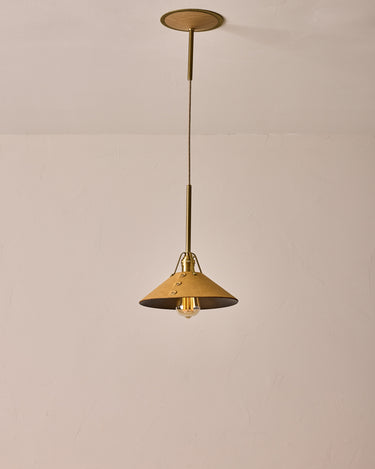 Robert True Ogden RTO Lighting - Medium Yaffa Pendant -Tumbled Brass Half Poles - Natural Leather Shade Natural Oak Canopy#leather-shade_natural-leather