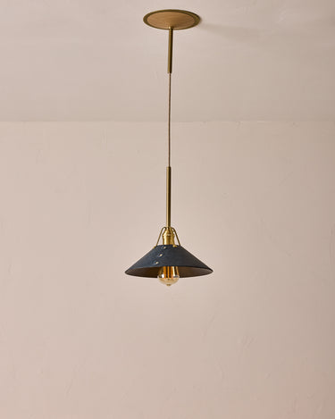 Robert True Ogden RTO Lighting - Medium Yaffa Pendant -Tumbled Brass Half Poles - Navy Leather Shade Natural Oak Canopy#leather-shade_navy-leather