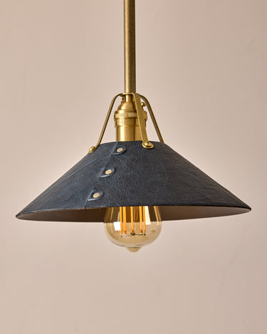 Robert True Ogden RTO Lighting - Medium Yaffa Pendant -Tumbled Brass Half Poles - Navy Leather Shade Natural Oak Canopy#leather-shade_navy-leather