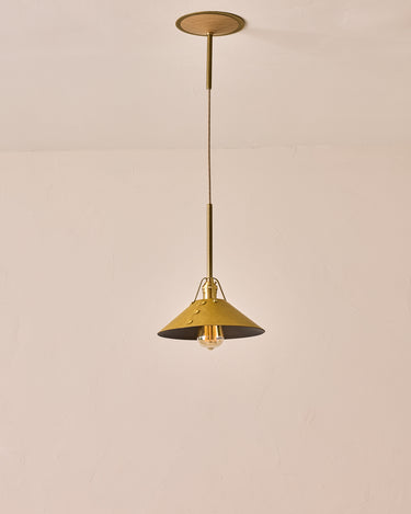 Robert True Ogden RTO Lighting - Medium Yaffa Pendant -Tumbled Brass Half Poles - Spruce Leather Shade Natural Oak Canopy#leather-shade_spruce-leather
