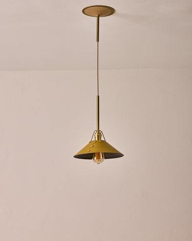 Robert True Ogden RTO Lighting - Medium Yaffa Pendant -Tumbled Brass Half Poles - Spruce Leather Shade Natural Oak Canopy#leather-shade_spruce-leather