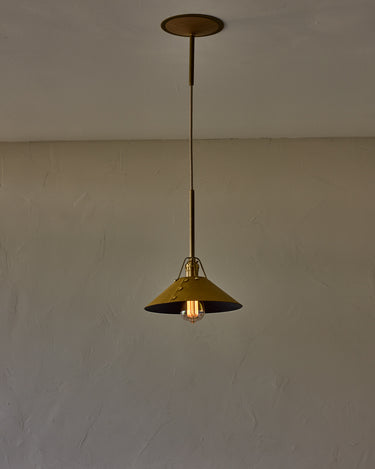 Robert True Ogden RTO Lighting - Medium Yaffa Pendant -Tumbled Brass Half Poles - Spruce Leather Shade Natural Oak Canopy#leather-shade_spruce-leather