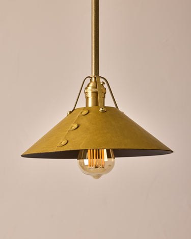 Robert True Ogden RTO Lighting - Medium Yaffa Pendant -Tumbled Brass Half Poles - Spruce Leather Shade Natural Oak Canopy#leather-shade_spruce-leather