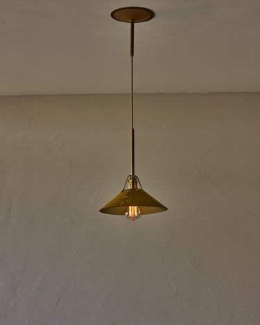Robert True Ogden RTO Lighting - Medium Yaffa Pendant -Tumbled Brass Half Poles - Spruce Leather Shade Natural Oak Canopy#leather-shade_spruce-leather