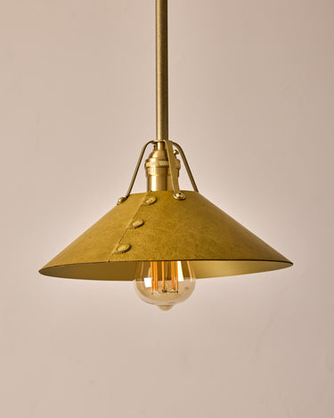 Robert True Ogden RTO Lighting - Medium Yaffa Pendant -Tumbled Brass Half Poles - Spruce Leather Shade Natural Oak Canopy#leather-shade_spruce-leather