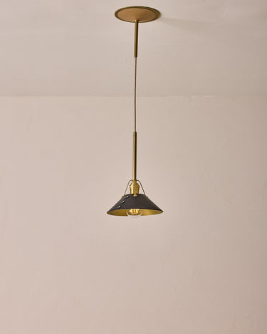 Robert True Ogden RTO Lighting - Small Yaffa Pendant - Tumbled Brass Half Poles - Black Leather Shade Natural Oak Canopy#leather-shade_black-leather