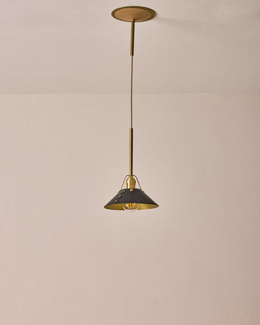 Robert True Ogden RTO Lighting - Small Yaffa Pendant - Tumbled Brass Half Poles - Black Leather Shade Natural Oak Canopy#leather-shade_black-leather