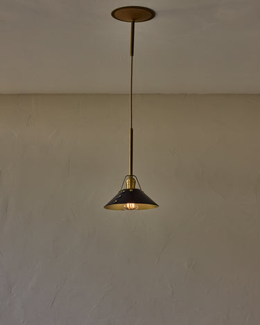 Robert True Ogden RTO Lighting - Small Yaffa Pendant - Tumbled Brass Half Poles - Black Leather Shade Natural Oak Canopy#leather-shade_black-leather