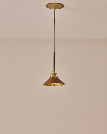 Robert True Ogden RTO Lighting - Small Yaffa Pendant - Tumbled Brass Half Poles - Cognac Leather Shade Natural Oak Canopy#leather-shade_cognac-leather