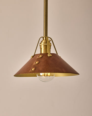 Robert True Ogden RTO Lighting - Small Yaffa Pendant - Tumbled Brass Half Poles - Cognac Leather Shade Natural Oak Canopy#leather-shade_cognac-leather
