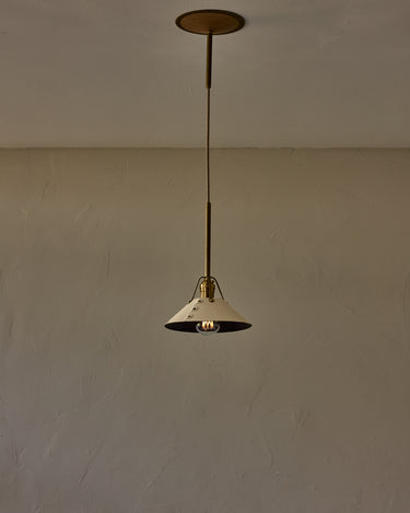 Robert True Ogden RTO Lighting - Small Yaffa Pendant - Tumbled Brass Half Poles - Eggshell Leather Shade Natural Oak Canopy#leather-shade_eggshell-leather