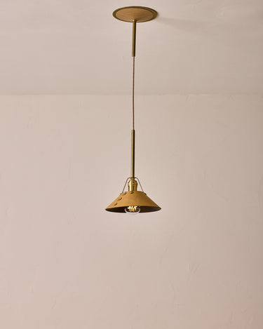Robert True Ogden RTO Lighting - Small Yaffa Pendant - Tumbled Brass Half Poles - Natural Leather Shade Natural Oak Canopy#leather-shade_natural-leather