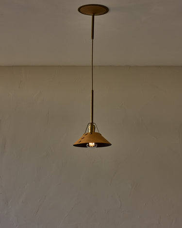 Robert True Ogden RTO Lighting - Small Yaffa Pendant - Tumbled Brass Half Poles - Natural Leather Shade Natural Oak Canopy#leather-shade_natural-leather
