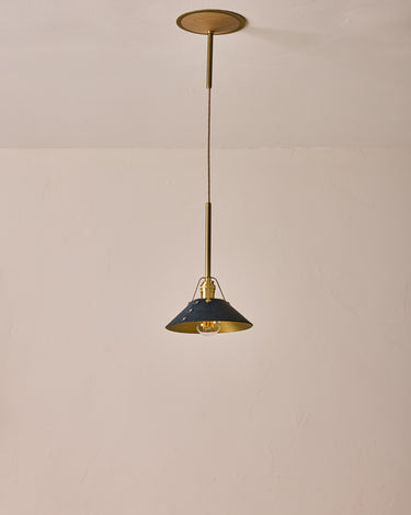 Robert True Ogden RTO Lighting - Small Yaffa Pendant - Tumbled Brass Half Poles - Navy Leather Shade Natural Oak Canopy#leather-shade_navy-leather