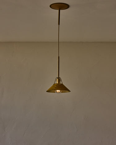 Robert True Ogden RTO Lighting - Small Yaffa Pendant - Tumbled Brass Half Poles - Spruce Leather Shade Natural Oak Canopy#leather-shade_spruce-leather