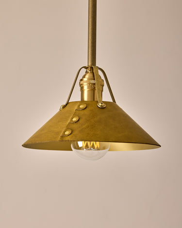 Robert True Ogden RTO Lighting - Small Yaffa Pendant - Tumbled Brass Half Poles - Spruce Leather Shade Natural Oak Canopy#leather-shade_spruce-leather