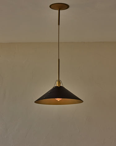 Robert True Ogden RTO Lighting - Extra Large Yaffa Pendant -Tumbled Brass Half Poles - Black Leather Shade Natural Oak Canopy#leather-shade_black-leather