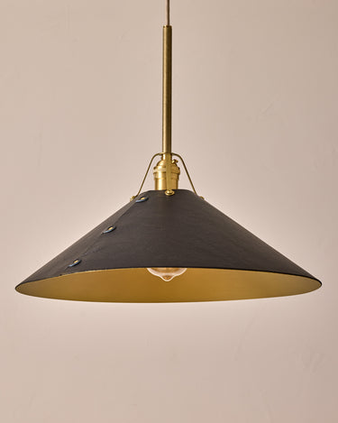 Robert True Ogden RTO Lighting - Extra Large Yaffa Pendant -Tumbled Brass Half Poles - Black Leather Shade Natural Oak Canopy#leather-shade_black-leather
