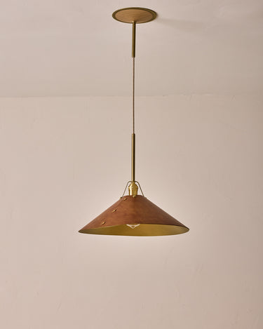 Robert True Ogden RTO Lighting - Extra Large Yaffa Pendant -Tumbled Brass Half Poles - Cognac Leather Shade Natural Oak Canopy#leather-shade_cognac-leather