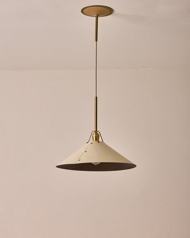 Robert True Ogden RTO Lighting - Extra Large Yaffa Pendant -Tumbled Brass Half Poles - Eggshell Leather Shade Natural Oak Canopy#leather-shade_eggshell-leather
